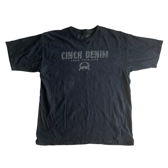 Cinch Denim Mens Black Graphic Tshirt Sz XL Distressed Faded Crew Neck Spell Out - Picture 1 of 4